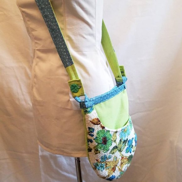 Purse Handbag Pouch Vintage Upholstery Tweed Linen Green Blue Crossbody Bag OOAK - Picture 4 of 10